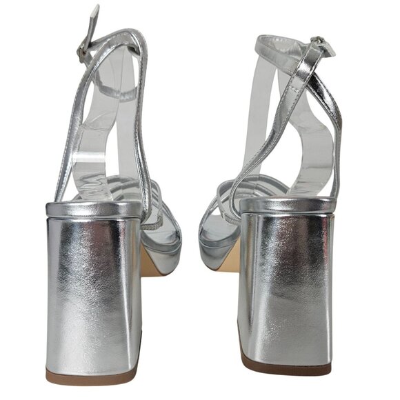 Womens 8.5 Silver Block Heel Sandals Strappy Adj Ankle Strap Party Wedding Sexy - Picture 8 of 13